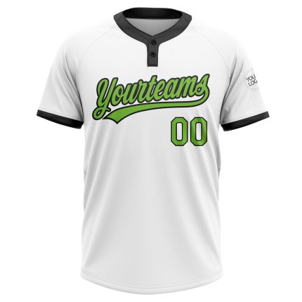 Custom Name and Number Unisex Softball Jersey in White and Neon Green-Black, Personalized Two-Button Design Personalized