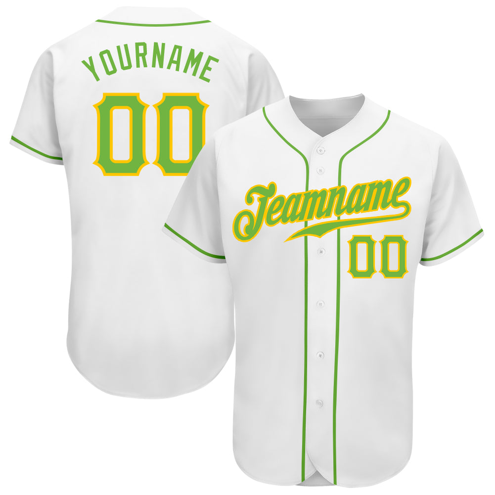Custom Personalized White Neon Green-Gold Baseball Jersey with Name and Number - Authentic Team Gear Personalized White Neon