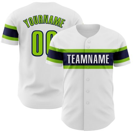 Custom Authentic Baseball Jersey with Personalized Name & Number in White Neon Green-Navy Personalized White Neon Green-Navy