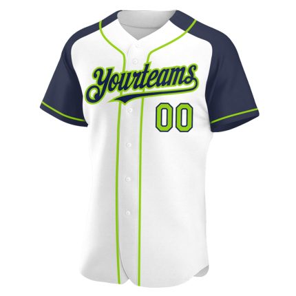 Custom Name and Number Baseball Jersey - Personalized White Neon Green-Navy Authentic Raglan Sleeves Personalized White Neon