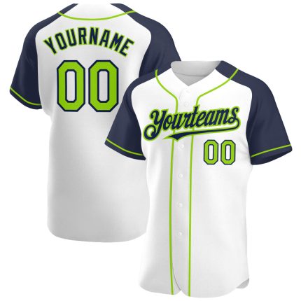 Custom Name and Number Baseball Jersey - Personalized White Neon Green-Navy Authentic Raglan Sleeves Personalized White Neon
