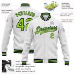 Custom Team Name Number Varsity Letterman Jacket White Neon Green Navy Bomber Full-Snap Personalized White Neon Green-Navy