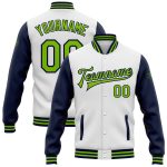 Personalized Varsity Letterman Bomber Jacket White Neon Green-Navy Two Tone Full-Snap Personalized White Neon Green-Navy