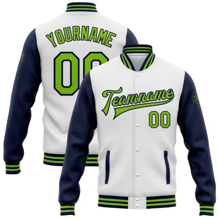 Personalized Varsity Letterman Bomber Jacket White Neon Green-Navy Two Tone Full-Snap Personalized White Neon Green-Navy