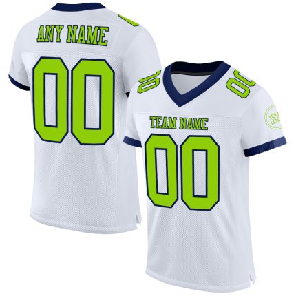 Custom Name and Number Personalized Football Jersey - White Neon Green-Navy Mesh Authentic Design Personalized White Neon
