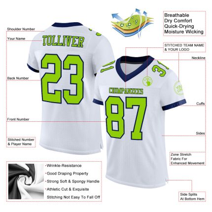 Custom Name and Number Personalized Football Jersey - White Neon Green-Navy Mesh Authentic Design Personalized White Neon