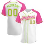 Custom Neon Green Pink Baseball Jersey with Personalized Name and Number - Authentic Raglan Sleeves Personalized White Neon