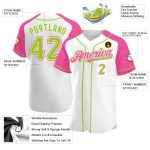 Custom Neon Green Pink Baseball Jersey with Personalized Name and Number - Authentic Raglan Sleeves Personalized White Neon