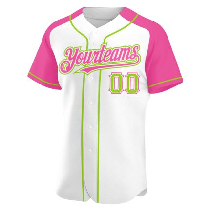 Custom Neon Green Pink Baseball Jersey with Personalized Name and Number - Authentic Raglan Sleeves Personalized White Neon
