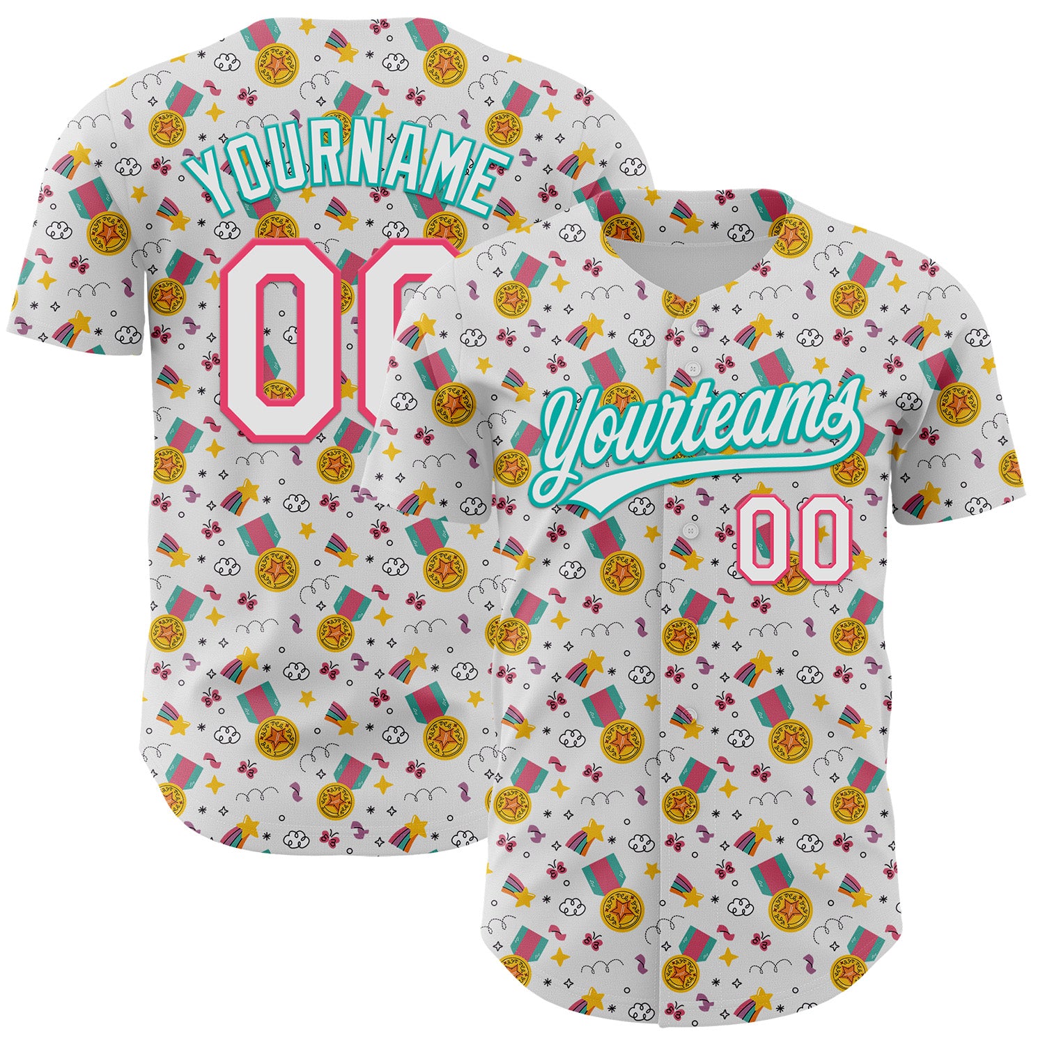 Custom Name and Number Personalized Champion Medal Baseball Jersey - White Neon Pink-Aqua 3D Pattern Design Personalized