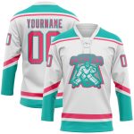 Custom Neon Pink-Aqua Hockey Jersey with Lace Neck - Personalized Team Name & Number Personalized White Neon Pink-Aqua Hockey