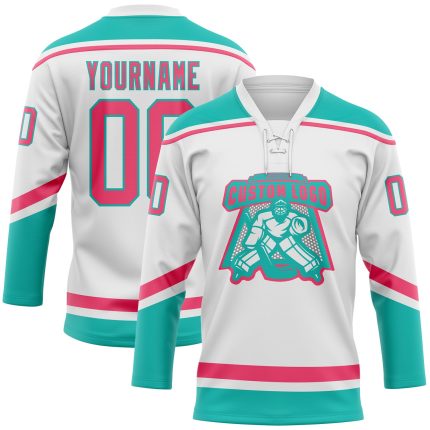 Custom Neon Pink-Aqua Hockey Jersey with Lace Neck - Personalized Team Name & Number Personalized White Neon Pink-Aqua Hockey