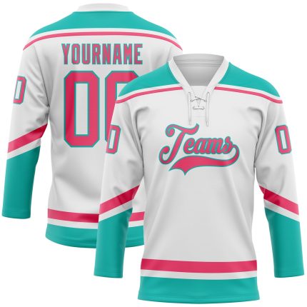 Custom Neon Pink-Aqua Hockey Jersey with Lace Neck - Personalized Team Name & Number Personalized White Neon Pink-Aqua Hockey