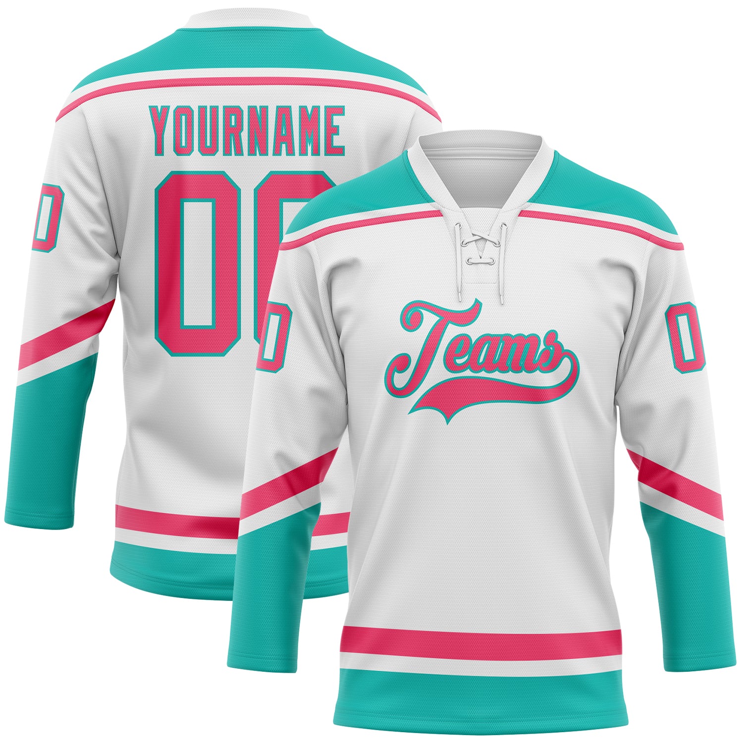 Custom Neon Pink-Aqua Hockey Jersey with Lace Neck - Personalized Team Name & Number Personalized White Neon Pink-Aqua Hockey