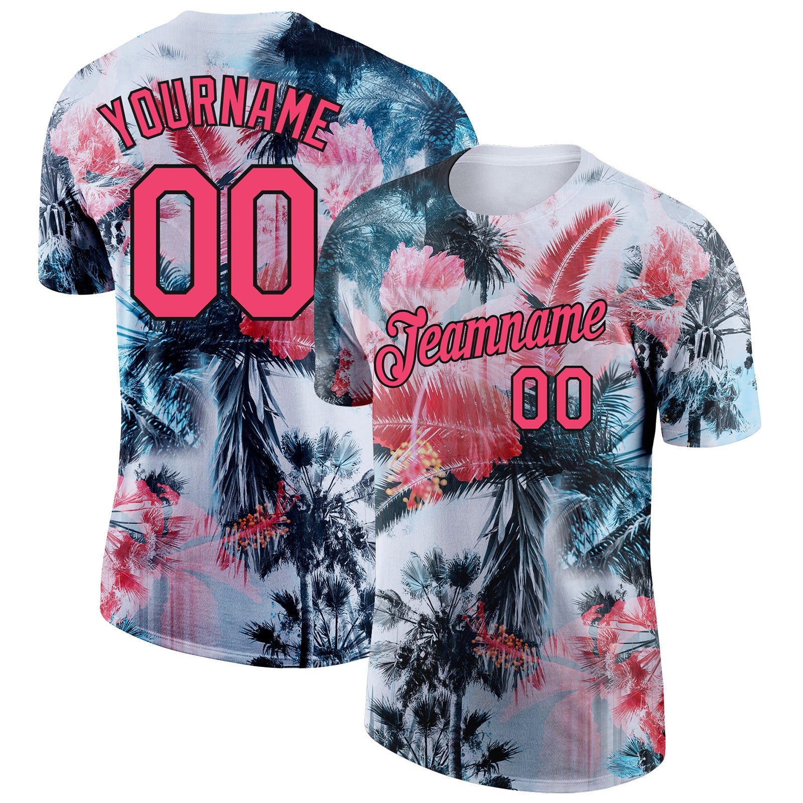 Custom Name and Number Hawaii Palm Trees T-Shirt 3D Pattern Design in White Neon Pink-Black Performance Wear Personalized
