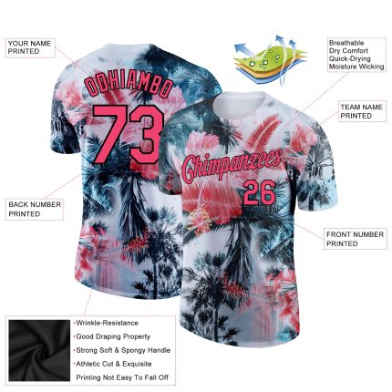 Custom Name and Number Hawaii Palm Trees T-Shirt 3D Pattern Design in White Neon Pink-Black Performance Wear Personalized