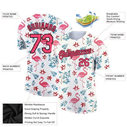 Custom Tropical Hawaii Flamingo Performance T-Shirt with Personalized Name & Number - White Neon Pink-Black 3D Pattern Design