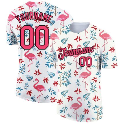Custom Tropical Hawaii Flamingo Performance T-Shirt with Personalized Name & Number - White Neon Pink-Black 3D Pattern Design