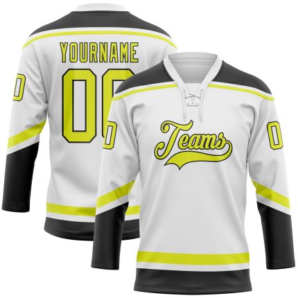 Custom Name and Number Personalized Hockey Lace Neck Jersey in White Neon Yellow-Black Personalized White Neon Yellow-Black