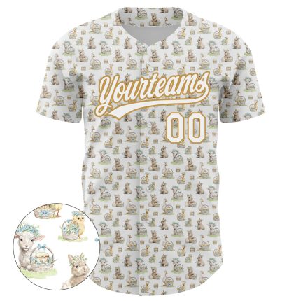 Custom Name and Number Animal Rabbit Sheep Chicken Duck 3D Pattern Baseball Jersey - Personalized White Old Gold Team Apparel