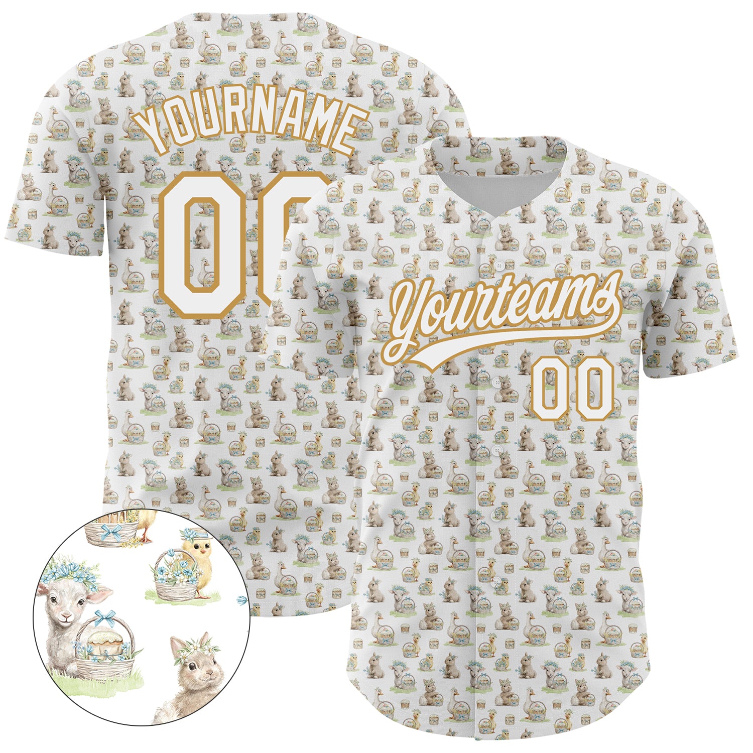 Custom Name and Number Animal Rabbit Sheep Chicken Duck 3D Pattern Baseball Jersey - Personalized White Old Gold Team Apparel