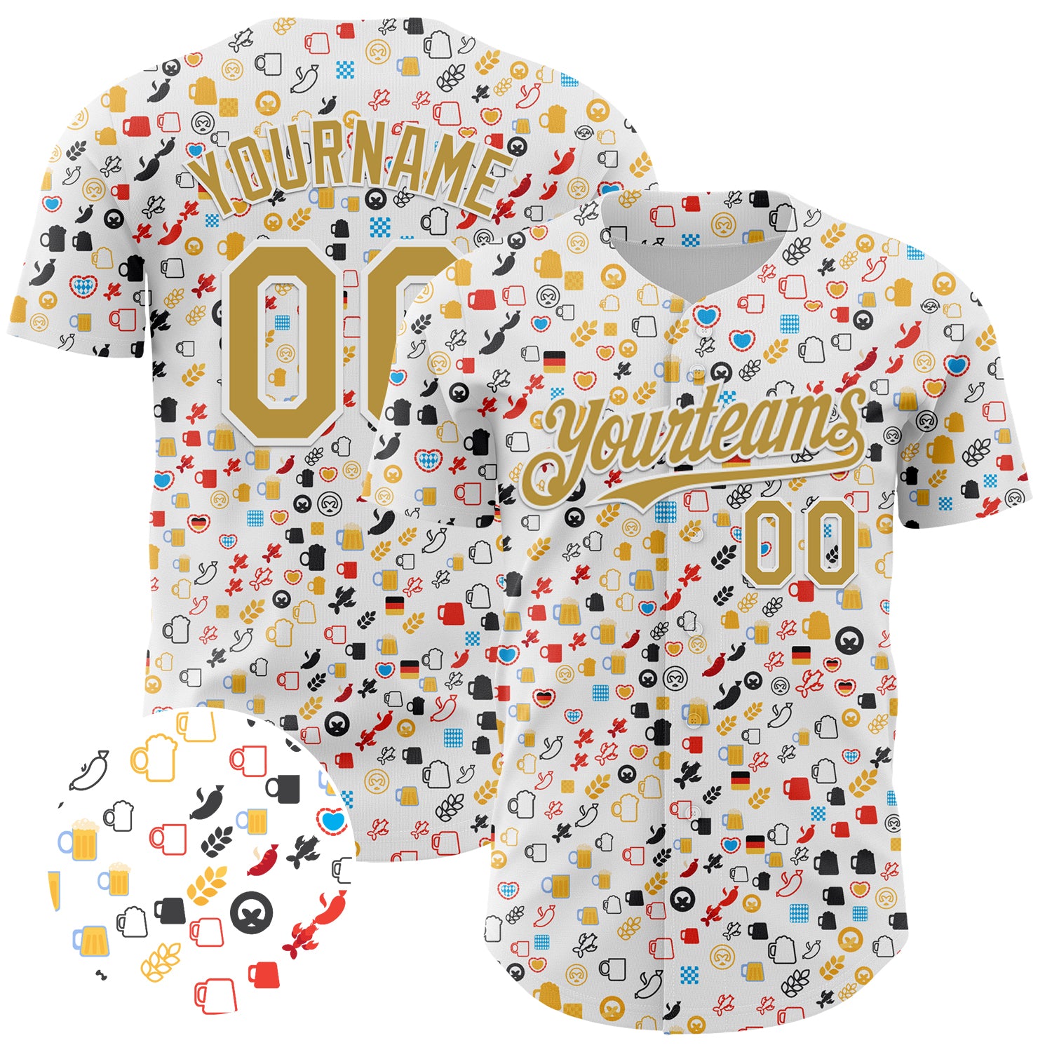 Custom Name and Number Beer Festival Jersey | Personalized White 3D Old Gold Pattern Baseball Jersey Personalized White Old