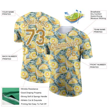 Custom Name and Number Lemon Performance T-Shirt with 3D White and Old Gold Pattern Design Personalized White Old Gold 3D