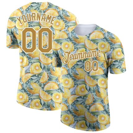 Custom Name and Number Lemon Performance T-Shirt with 3D White and Old Gold Pattern Design Personalized White Old Gold 3D