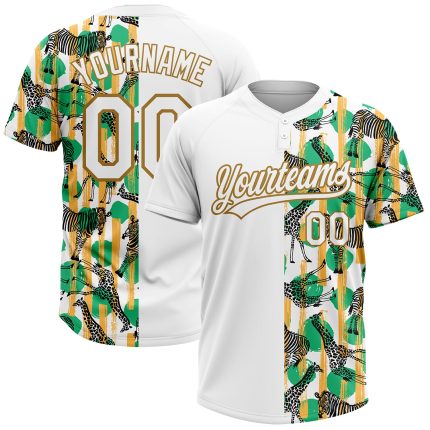 Custom Name and Number Unisex Softball Jersey with 3D Pattern Zebras and Giraffes - Personalized White Old Gold Design Personalized