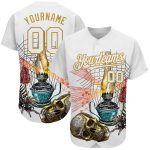 Custom Name and Number 3D Spider and Skull Baseball Jersey, Personalized White and Old Gold Fashion Design Personalized White