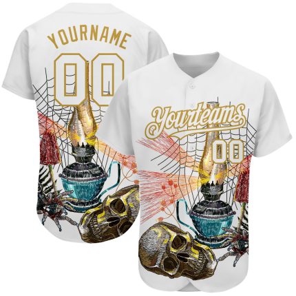 Custom Name and Number 3D Spider and Skull Baseball Jersey, Personalized White and Old Gold Fashion Design Personalized White