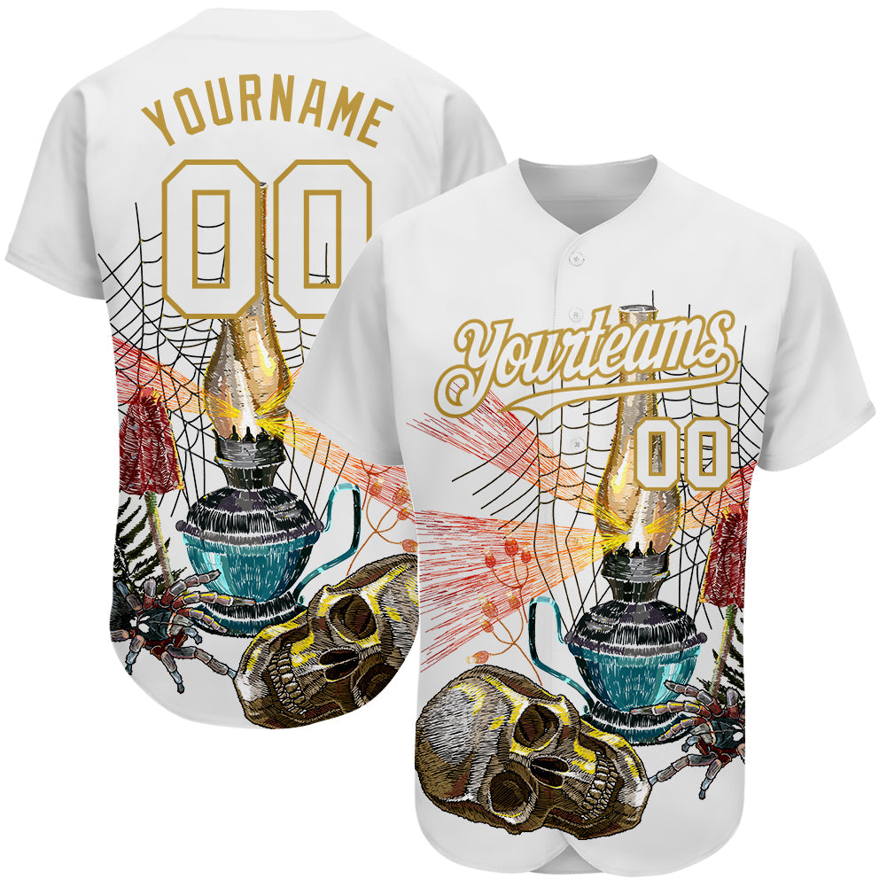 Custom Name and Number 3D Spider and Skull Baseball Jersey, Personalized White and Old Gold Fashion Design Personalized White