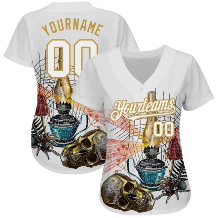 Custom Name and Number 3D Spider and Skull Baseball Jersey, Personalized White and Old Gold Fashion Design Personalized White