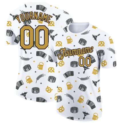 Custom Name and Number Oktoberfest T-Shirt for Beer Lovers, Personalized 3D Pattern Design in White, Old Gold, Black Personalized