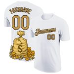 Custom Dollar Sign Money Theme Performance T-Shirt with 3D Pattern Design - Personalized White Old Gold-Black Team Name & Number