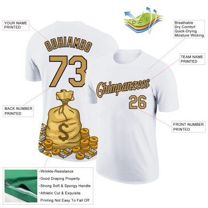 Custom Dollar Sign Money Theme Performance T-Shirt with 3D Pattern Design - Personalized White Old Gold-Black Team Name & Number