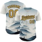 Customizable Mountains Landscape Baseball Jersey with Name and Number - Personalized White and Old Gold-Black 3D Pattern Design