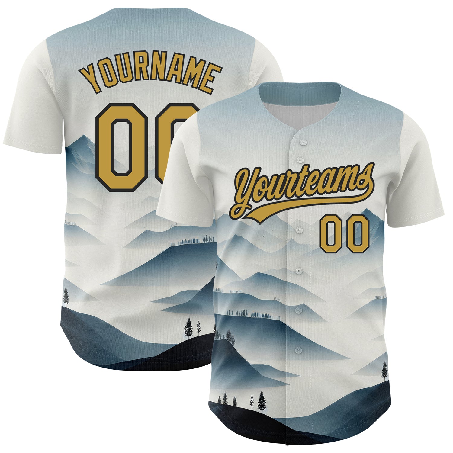 Customizable Mountains Landscape Baseball Jersey with Name and Number - Personalized White and Old Gold-Black 3D Pattern Design