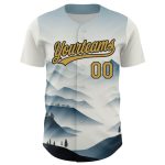 Customizable Mountains Landscape Baseball Jersey with Name and Number - Personalized White and Old Gold-Black 3D Pattern Design