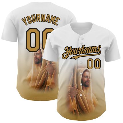 Personalized Jesus Christ Baseball Jersey with Custom Name and Number, White Old Gold-Black 3D Pattern Design Personalized