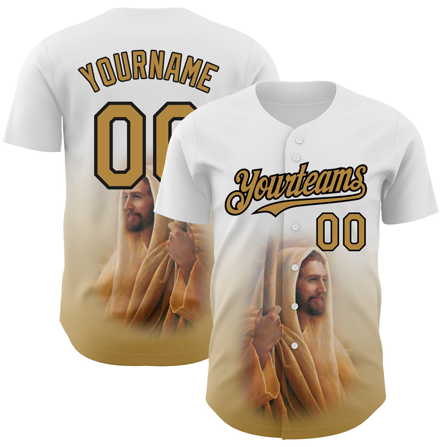 Personalized Jesus Christ Baseball Jersey with Custom Name and Number, White Old Gold-Black 3D Pattern Design Personalized