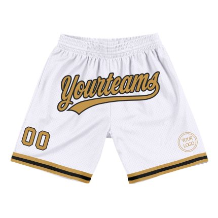 Personalized Authentic Basketball Shorts in White Old Gold and Black, Throwback Style Personalized White Old Gold-Black Authentic