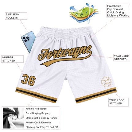 Personalized Authentic Basketball Shorts in White Old Gold and Black, Throwback Style Personalized White Old Gold-Black Authentic