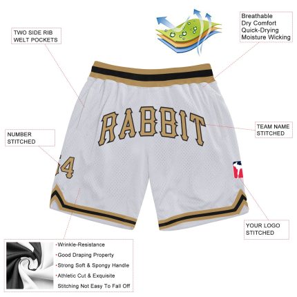Custom Personalized Authentic Basketball Shorts with Name and Number - White Old Gold-Black Throwback Style Personalized