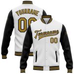Custom Team Name and Number Two Tone Bomber Varsity Letterman Jacket White Old Gold Black Full-Snap Personalized White Old