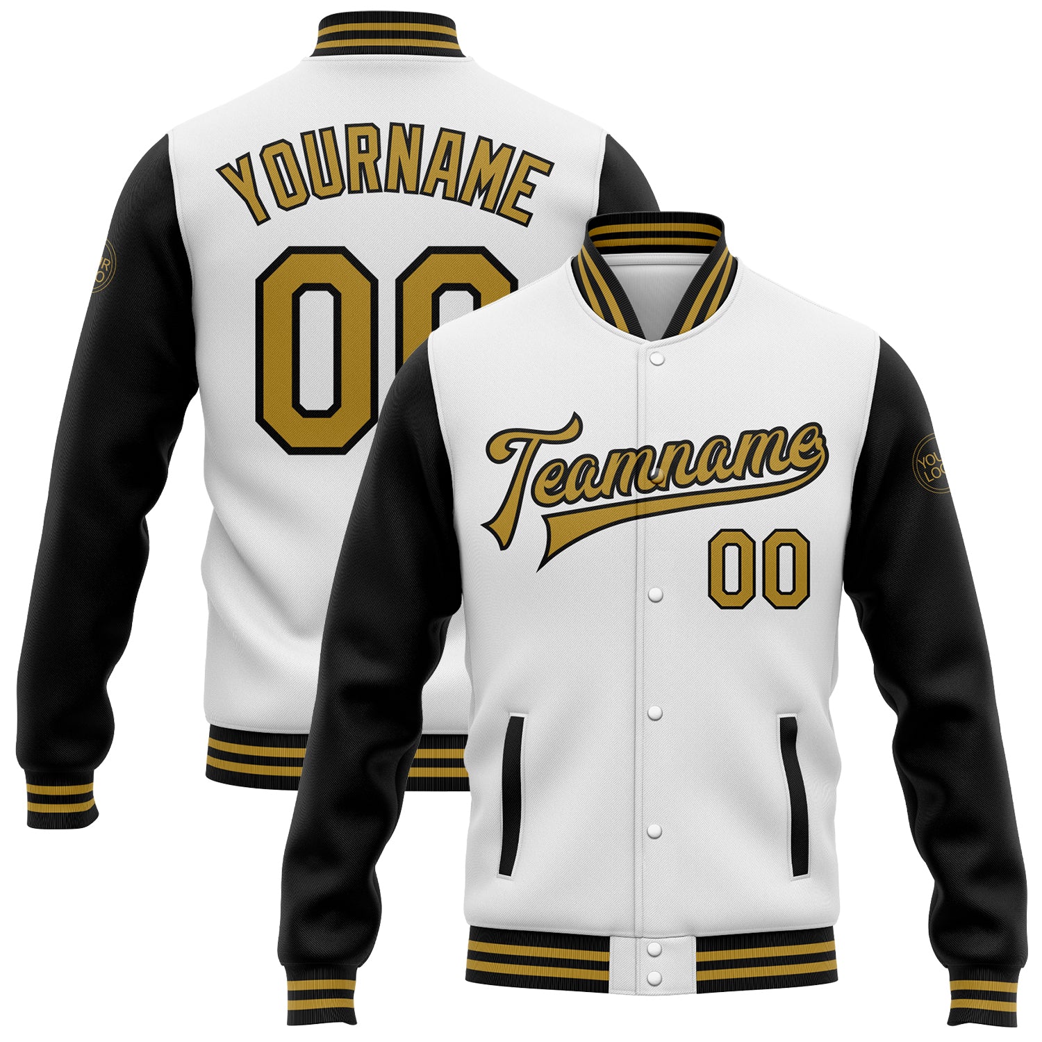 Custom Team Name and Number Two Tone Bomber Varsity Letterman Jacket White Old Gold Black Full-Snap Personalized White Old