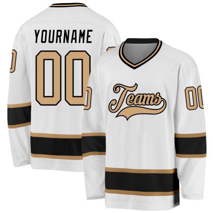 Custom Name and Number Hockey Jersey - Personalized Old Gold-Black Design, White Team Jersey Personalized White Old Gold-Black
