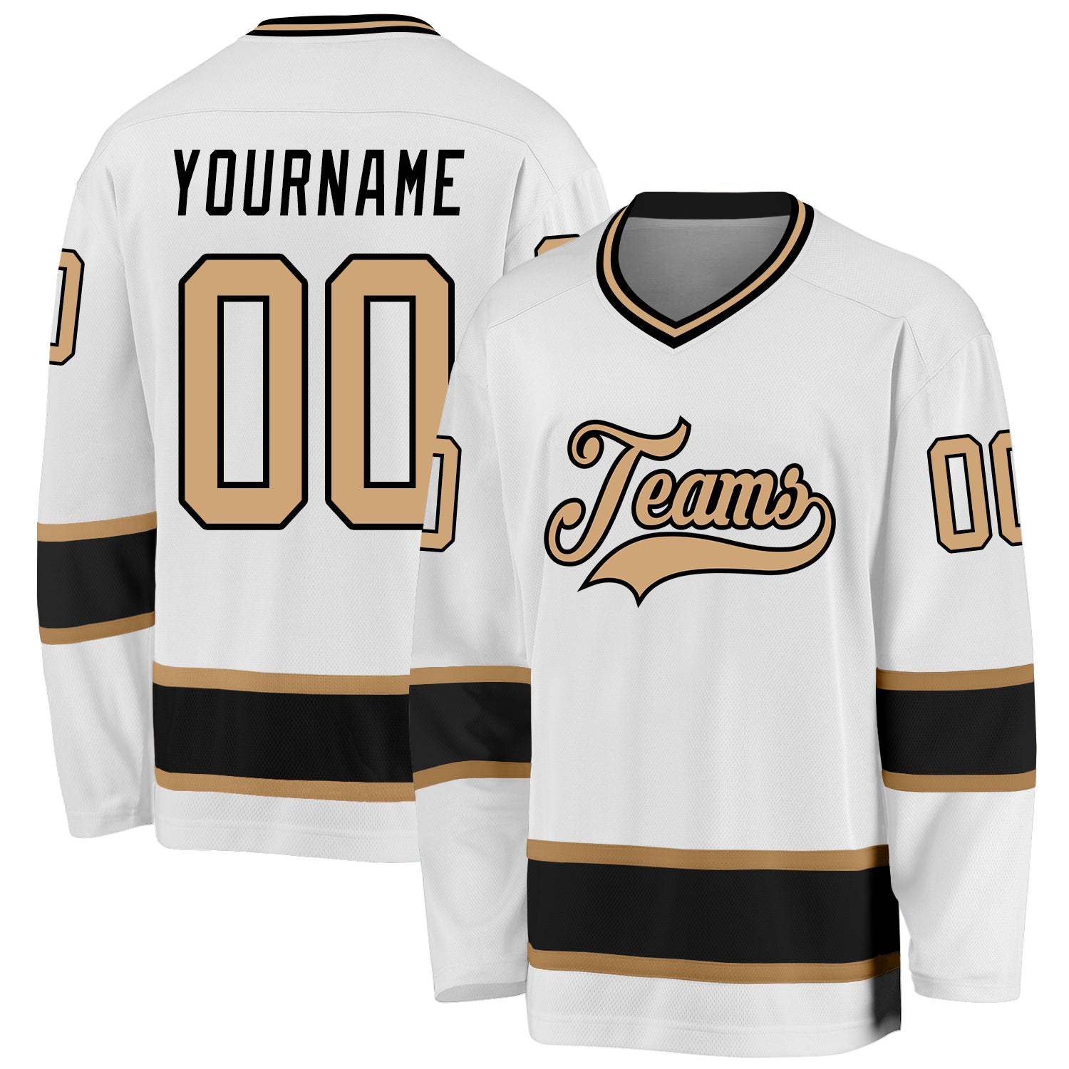Custom Name and Number Hockey Jersey - Personalized Old Gold-Black Design, White Team Jersey Personalized White Old Gold-Black