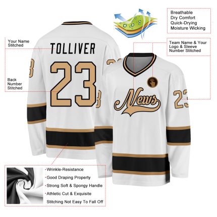 Custom Name and Number Hockey Jersey - Personalized Old Gold-Black Design, White Team Jersey Personalized White Old Gold-Black