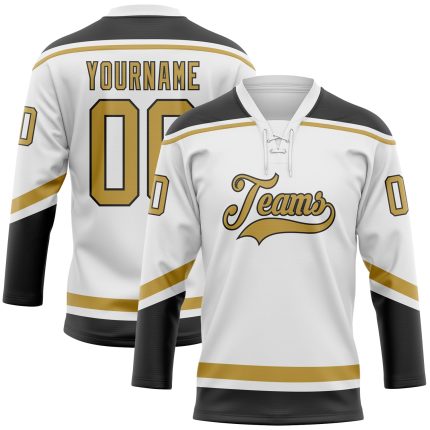 Custom Name and Number Hockey Jersey - Personalized White Old Gold-Black Lace Neck Team Jersey Personalized White Old Gold-Black